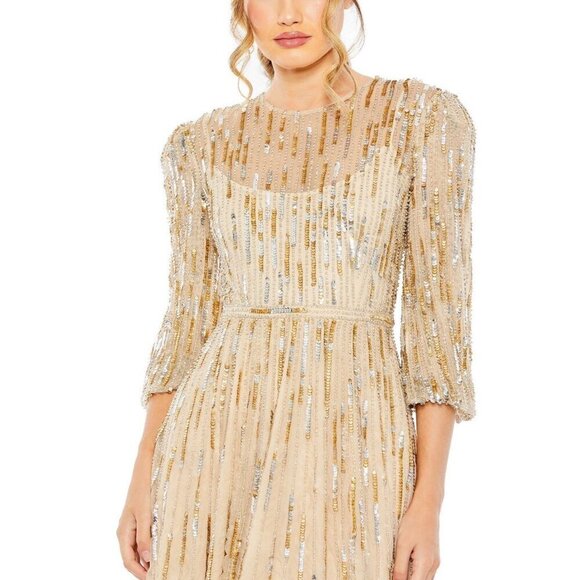 Mac Duggal Size 6 Beige 93889 Beaded Sequin High Neck Midi Cocktail Dress New - Picture 3 of 10